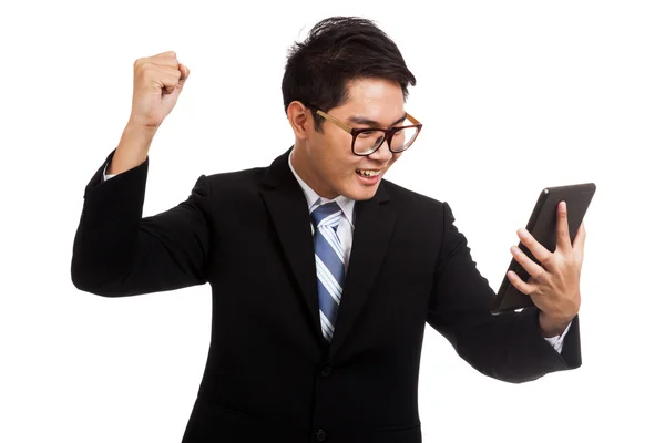 Asian businessman happy with success with tablet PC — Stock Photo, Image