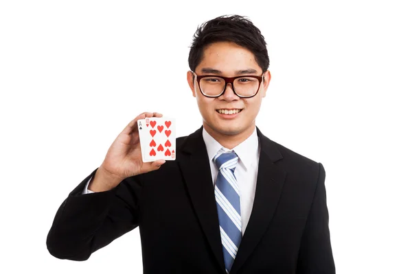 Asian businessman show playing cards — Stock Photo, Image
