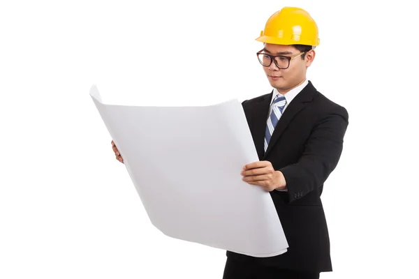 Asian engineer man working with blueprints — Stock Photo, Image