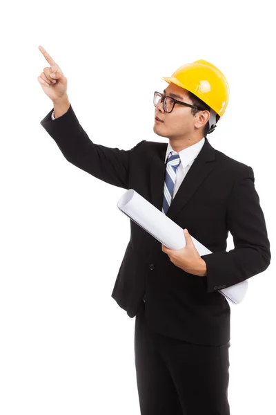 Asian engineer man point up with blueprints — Stock Photo, Image