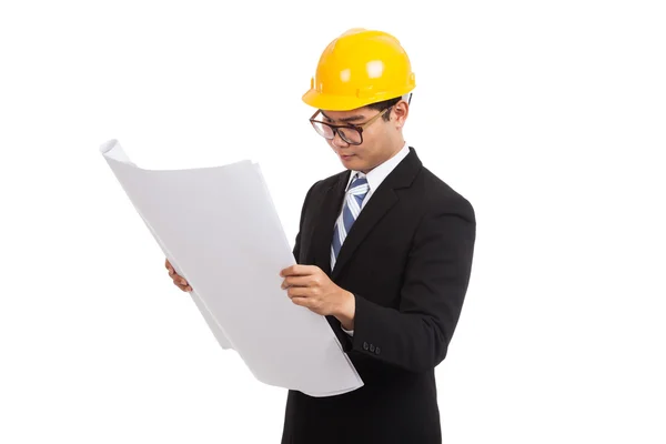 Asian engineer man working with blueprints — Stock Photo, Image