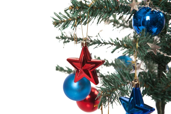 Close up of christmas tree with ornament, bauble, and decoration — Stock Photo, Image