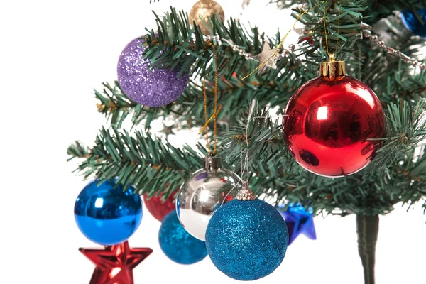 Close up of christmas tree with ornament, bauble, and decoration — Stock Photo, Image