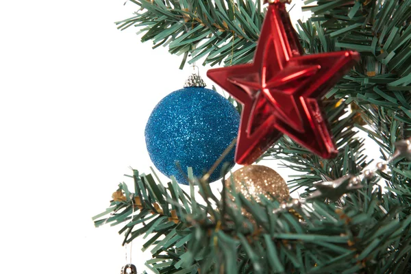 Close up of christmas tree with ornament, bauble, and decoration — Stock Photo, Image