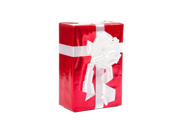 Red gift box with white bow for christmas — Stock Photo, Image