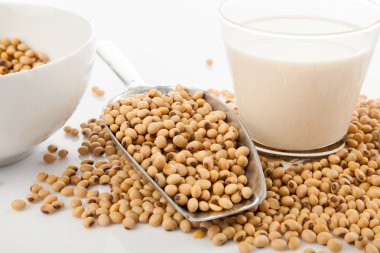 Soya sütü soya fasulyesi ve transfer kaşık ile cam