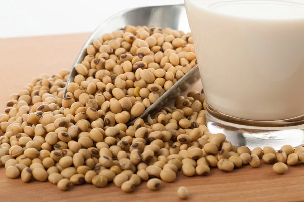 Soy milk in glass with soybeans and  transfer scoop — Stock Photo, Image