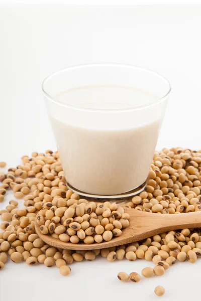 Lait de soja en verre avec soja et cuillère en bois — Photo