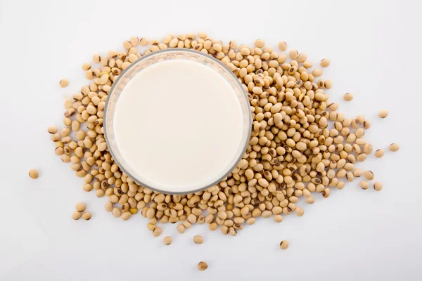 Soy milk in glass with soybeans — Stock Photo, Image