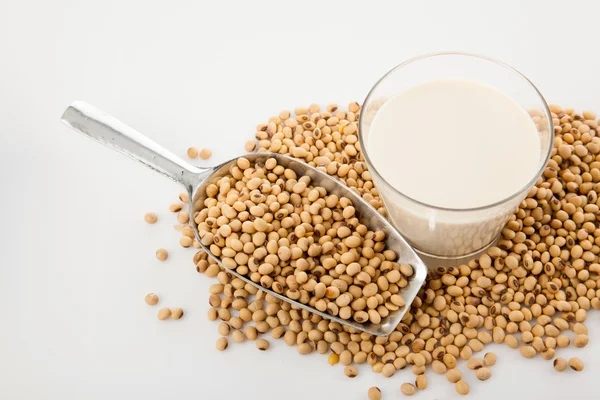 Leche de soja en vaso con soja y cuchara de transferencia — Foto de Stock