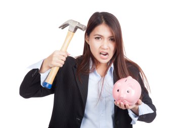 Genç Asyalı işkadını çekiç ve kumbara