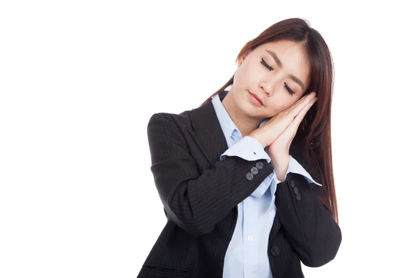 Jovem mulher de negócios asiática posando gestos dormindo — Fotografia de Stock