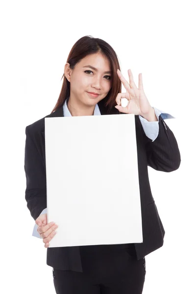 Young Asian businesswoman show OK with vertical blank sign — Stock Photo, Image