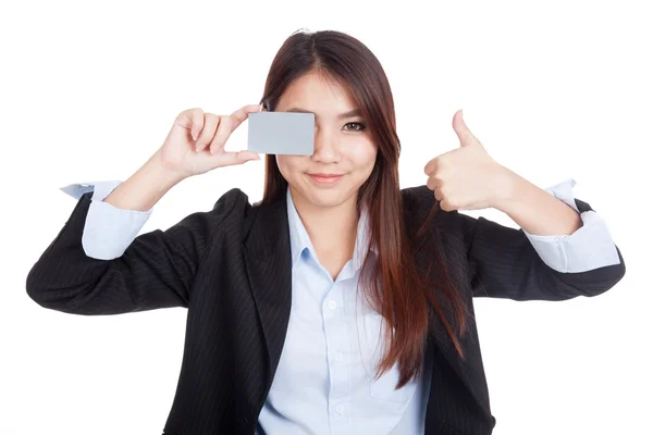 Young Asian businesswoman thumbs up show blank card — Stock Photo, Image