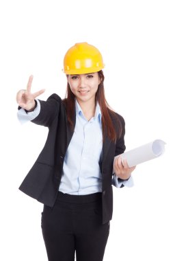 Asya mühendisi kadın V işareti planları ile göster