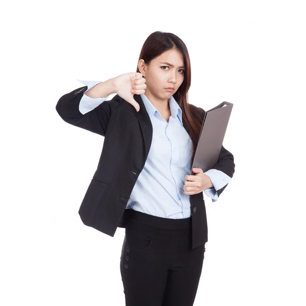 Joven mujer de negocios asiática pulgares abajo con carpeta —  Fotos de Stock