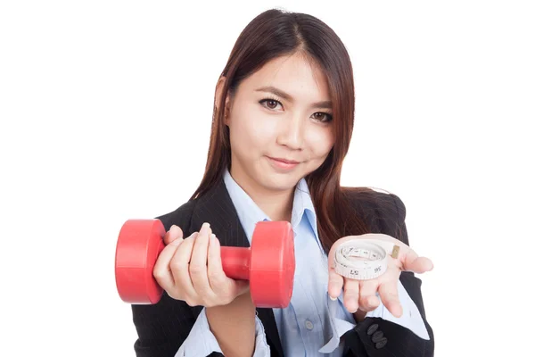 Young Asian businesswoman with red dumbbell and measuring tape — Stock Photo, Image