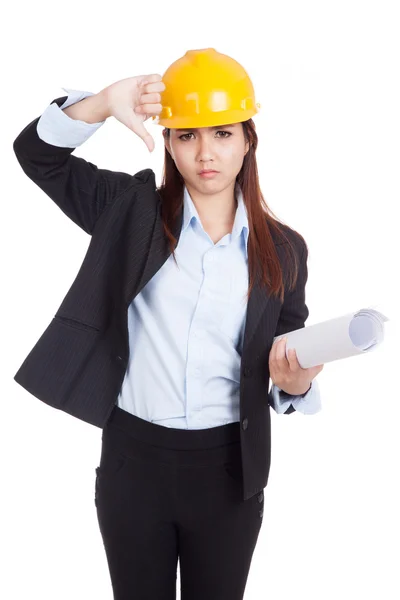 アジア エンジニア女性の青写真と親指 — ストック写真