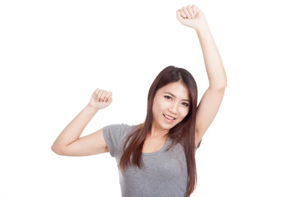 Feliz joven asiática mujer poner su mano arriba —  Fotos de Stock