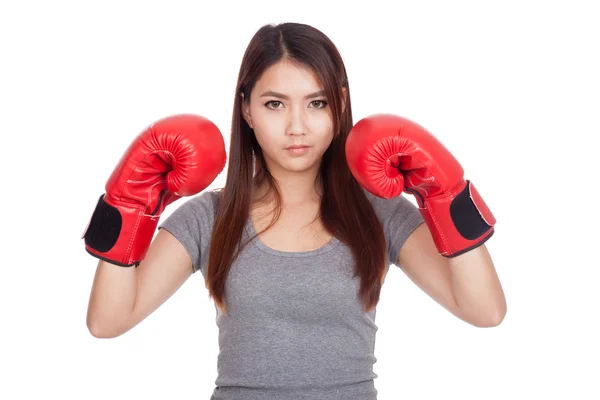 Young Asian woman with red boxing glove — Stock Photo, Image