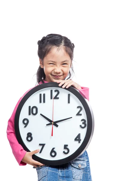 Asiática niña celebrar reloj — Foto de Stock