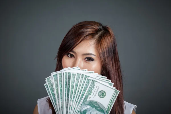 Close up of beautiful Asian girl  with dollar bills — Stock Photo, Image