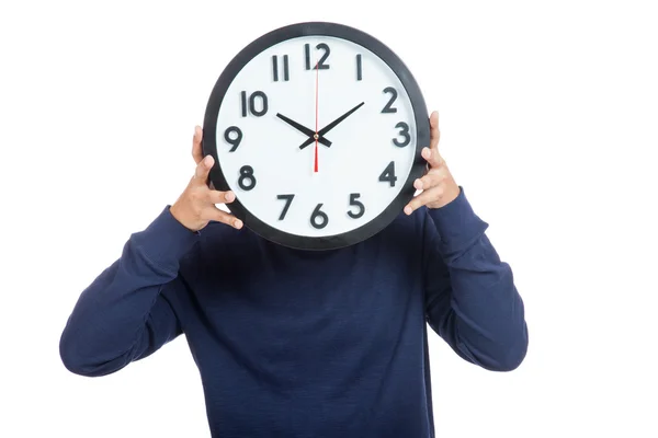 Asian man close his face with  a clock — Stock Photo, Image