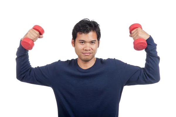 Asiático hombre feliz hold dumbbell con ambos mano —  Fotos de Stock