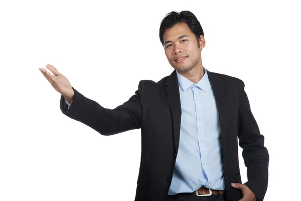 Asian businessman open palm hand  show something — Stock Photo, Image