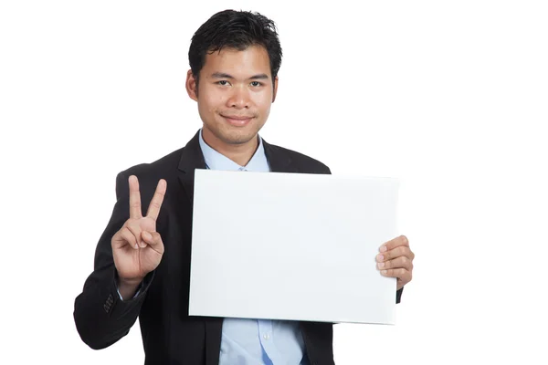Asian businessman show victory sign with blank sign — Stock Photo, Image