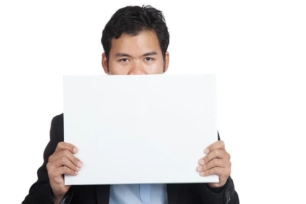 Asian businessman show  blank sign close his mouth — Stock Photo, Image