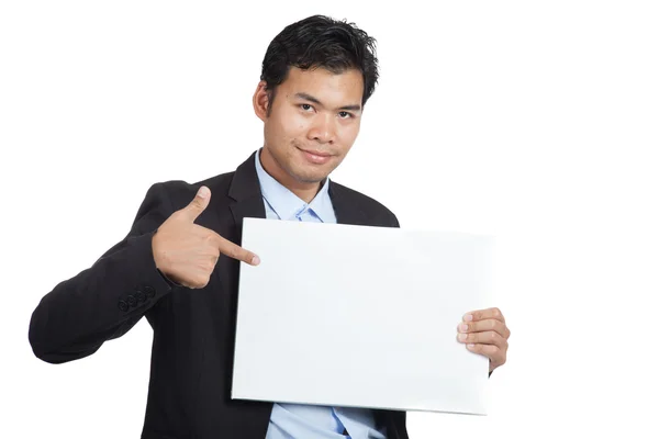 Asian businessman point to a blank sign — Stock Photo, Image