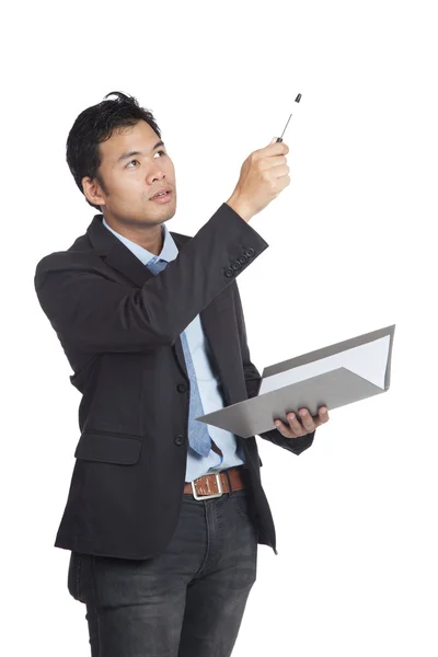 Asian businessman hold a folder point a pen up — Stock Photo, Image