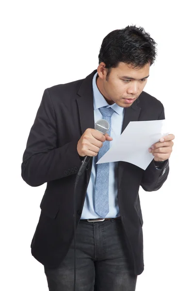 Asian businessman hesitate to speak look at a paper — Stock Photo, Image