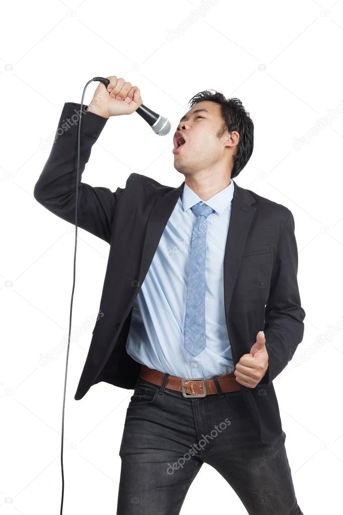 Asian businessman happy  sing a song