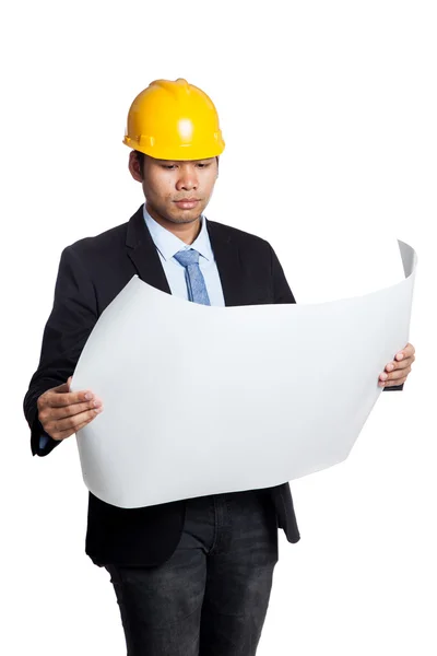 Asian engineer man reading a blueprint — Stock Photo, Image