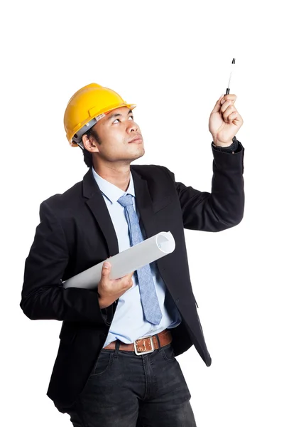 Asian engineer man  point up with a pen — Stock Photo, Image