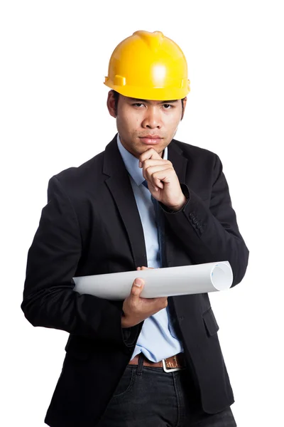 Asian engineer man thinking  hold a blueprint — Stock Photo, Image