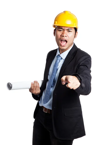 Asian engineer man is angry shout and point to camera — Stock Photo, Image