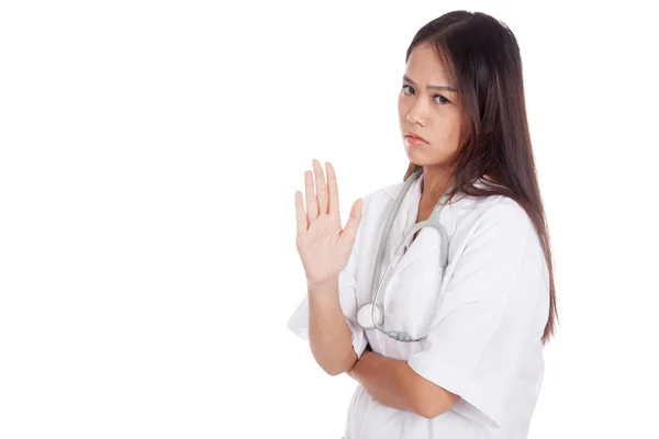 Asian young female doctor say talk to my hand — Stock Photo, Image