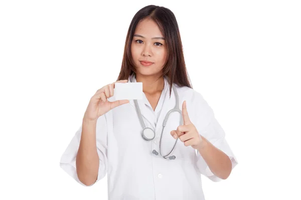 Asian young female doctor show one finger with blank card — Stock Photo, Image