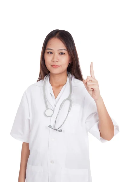 Asian young female doctor point up — Stock Photo, Image