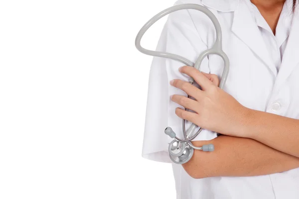 Close up of stethoscope in hand of Asian female doctor — Stock Photo, Image