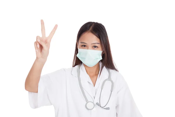 Young Asian female doctor show victory sign — Stock Photo, Image