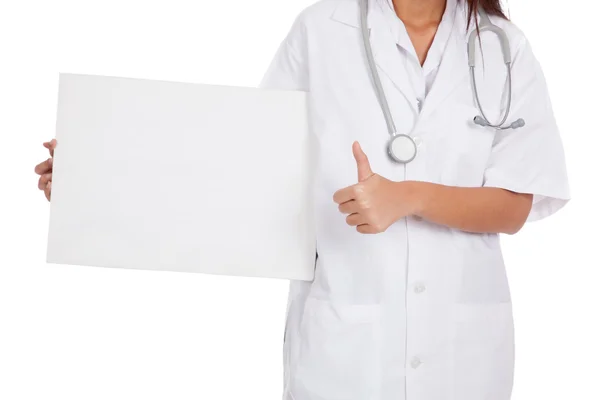 Asian female doctor show thumbs up and  blank sign — Stock Photo, Image