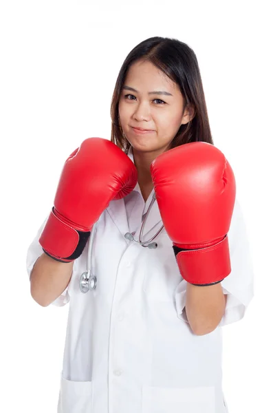 Young Asian female doctor guard with boxing glove — Stock Photo, Image