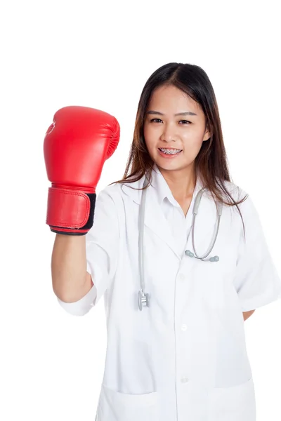 Young Asian female doctor with boxing glove — Stock Photo, Image