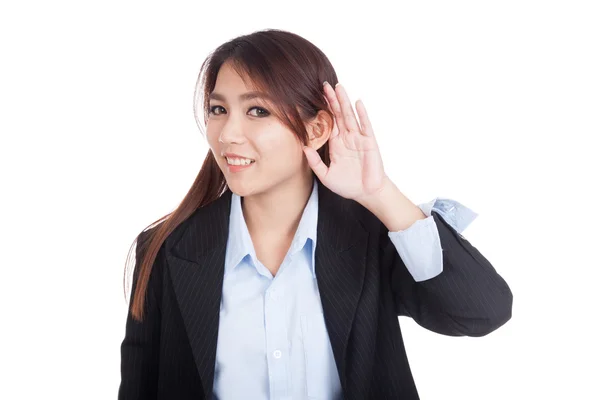 Young Asian businesswoman listen with hand on ear — Stock Photo, Image