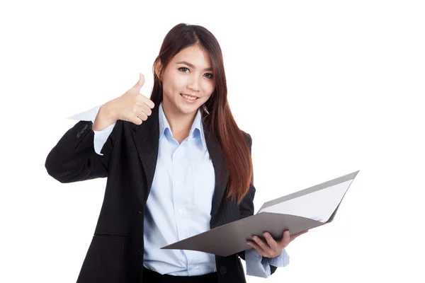 Young Asian businesswoman thumbs up with folder — Stock Photo, Image