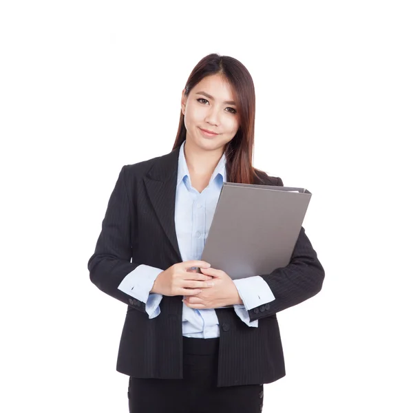 Giovane asiatica donna d'affari sorriso con cartella — Foto Stock